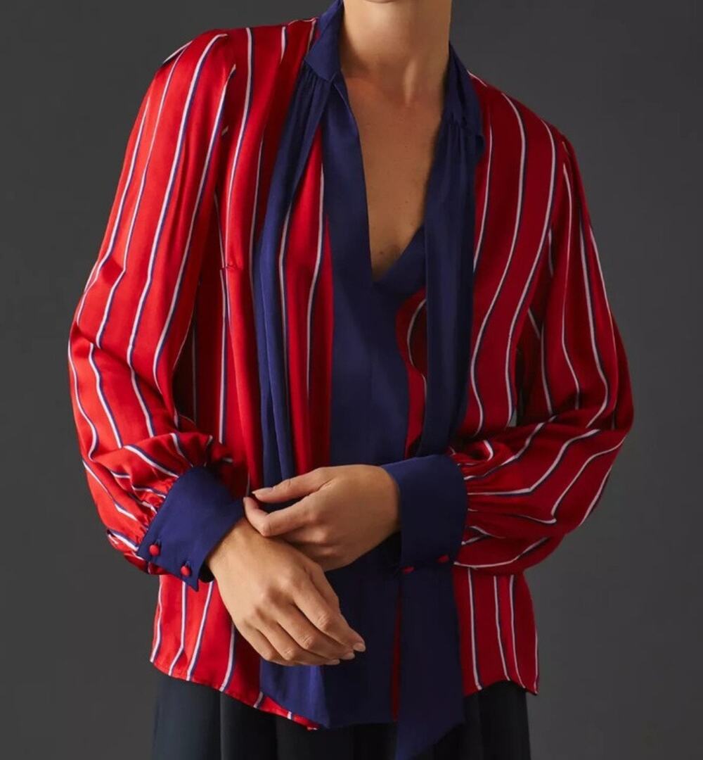 Maeve by Anthropologie Tie Neck Striped Blouse Red/Navy Striped Sz S Women's